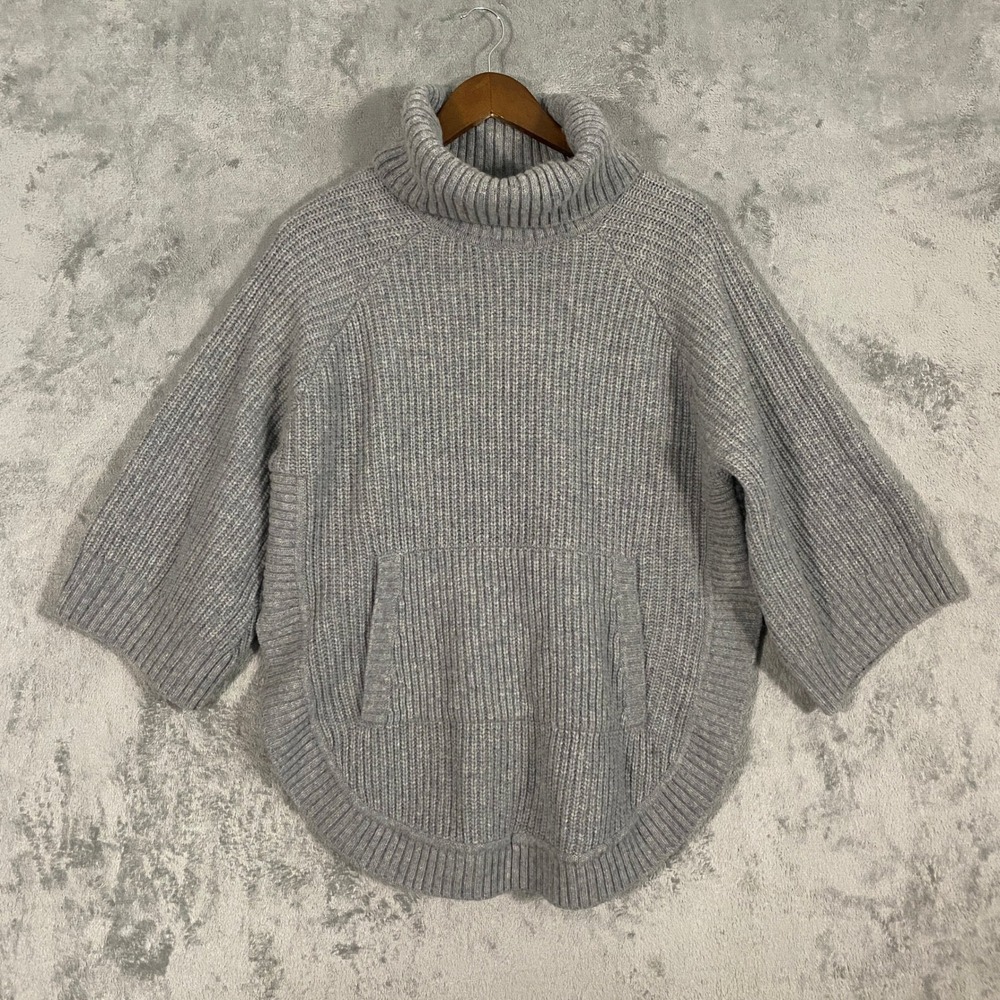 UGG Sweater Sz M Gray Turtleneck Poncho Ribbed Wool Blend Pocket Slouchy Cozy